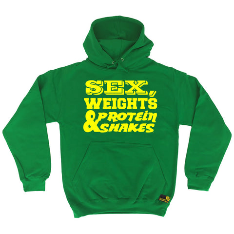 Sex Weights and Protein Shakes Yellow Text Design Sex Weights & Protein Shakes Gym Hoodie