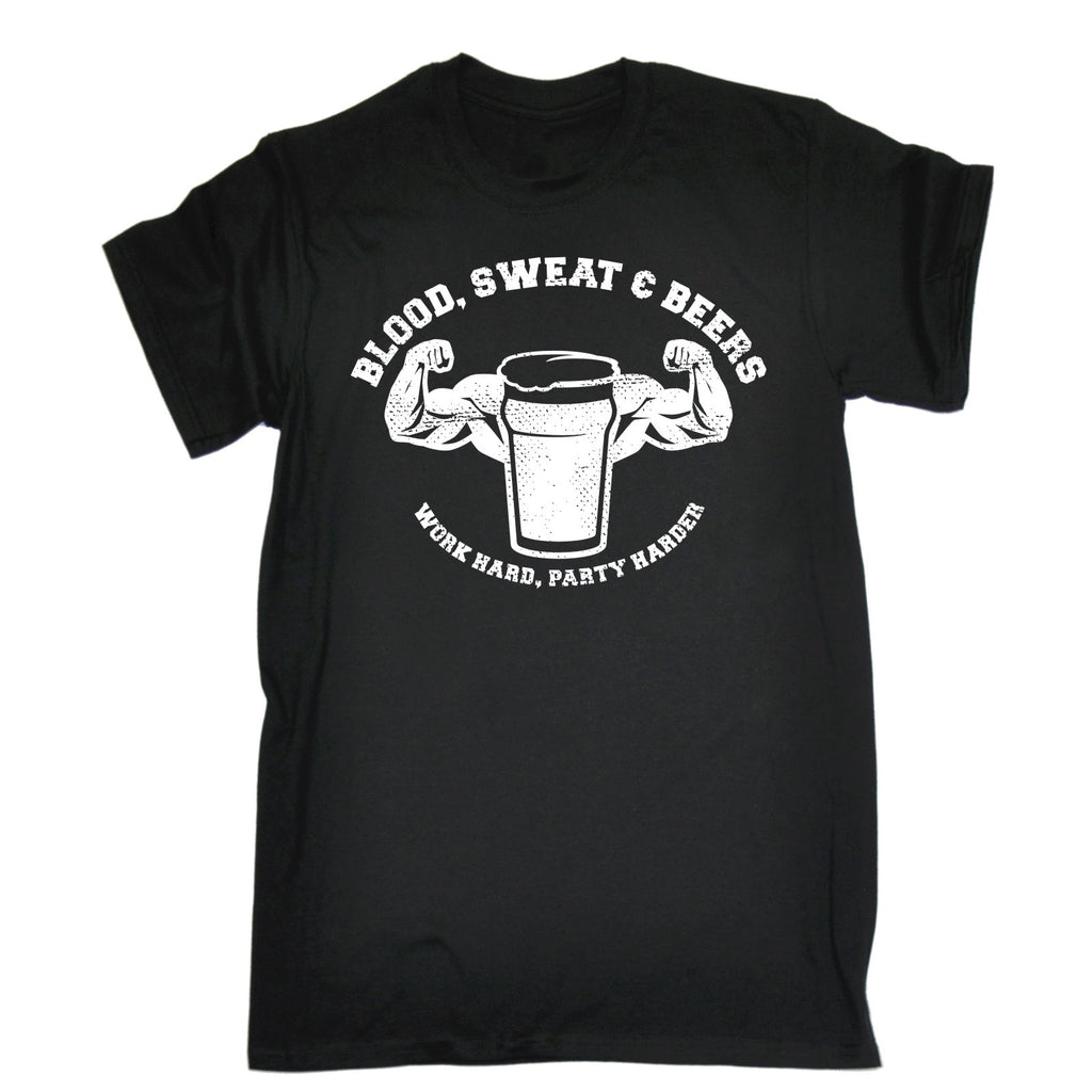 123t Men's Blood Sweat & Beers Work Hard Party Harder Funny T-Shirt
